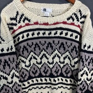 Reunion Vintage Silk Blend Chunky Knit Fair Isle Sweater Mens Large Cream Red